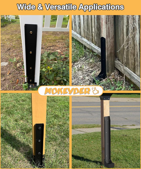 Mokeyder Fence Post Anchor Kit, Heavy Duty Metal Steel Fence Post Repair Kit, Fence Post Anchor Stakes Ground Spike for Repairing Tilted/Broken Wood Fence Post, Metal-Plate Style, 1 Pack Mokeyder