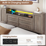 VIAGDO Farmhouse Full Size Bed Frame with Headboard and Double Barn Door Storage Cabinets, Rustic Wooden Bed Frame Full with Charging Station, 4 Drawers and LED Lights, No Box Spring Needed, Grey VIAGDO