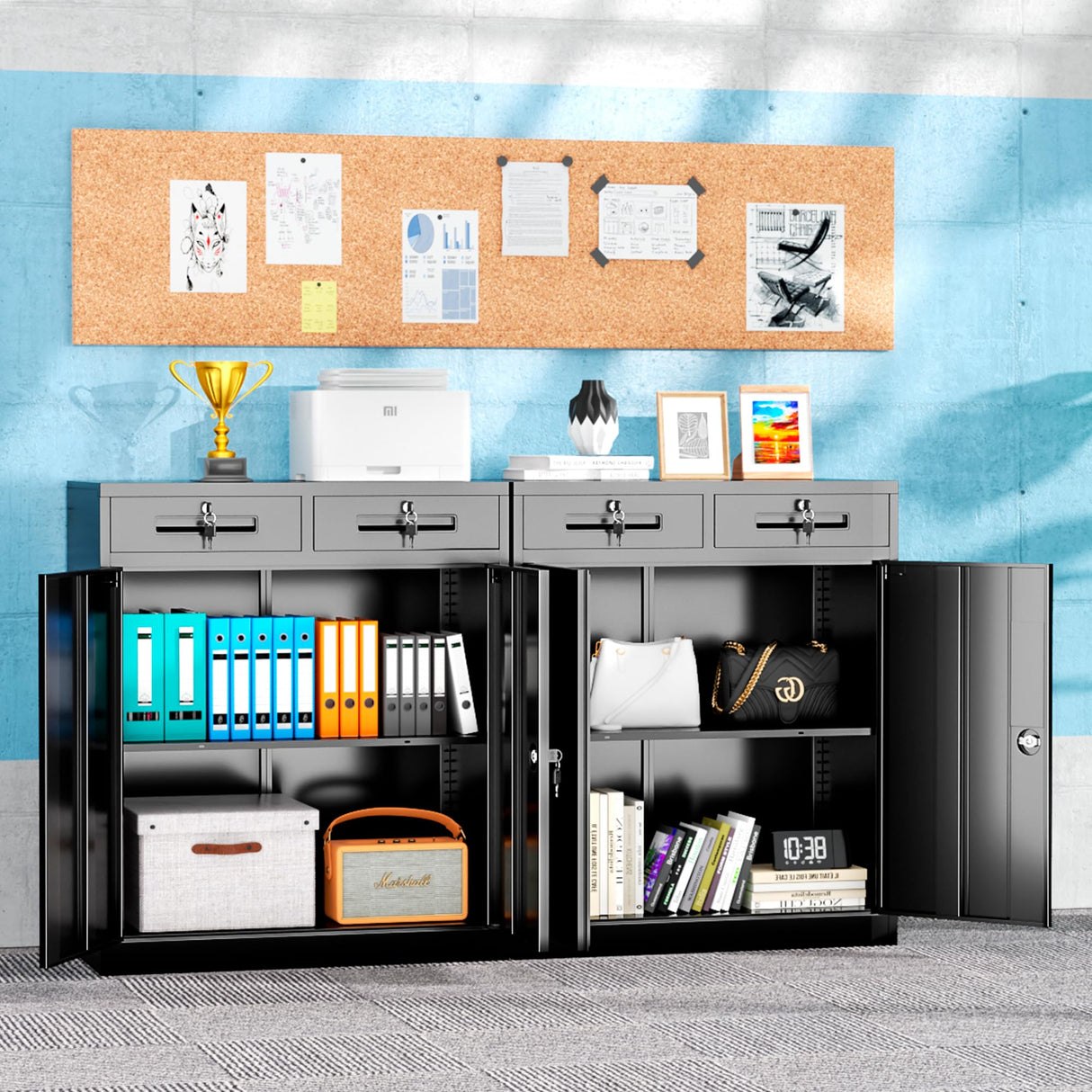 Superday 36" Locking Metal Storage Cabinet with 2 Drawers, Lockable Garage Storage Cabinet with Locking Doors and Adjustable Shelves, Black Tool Cabinet for Home Office, School, Etc Superday