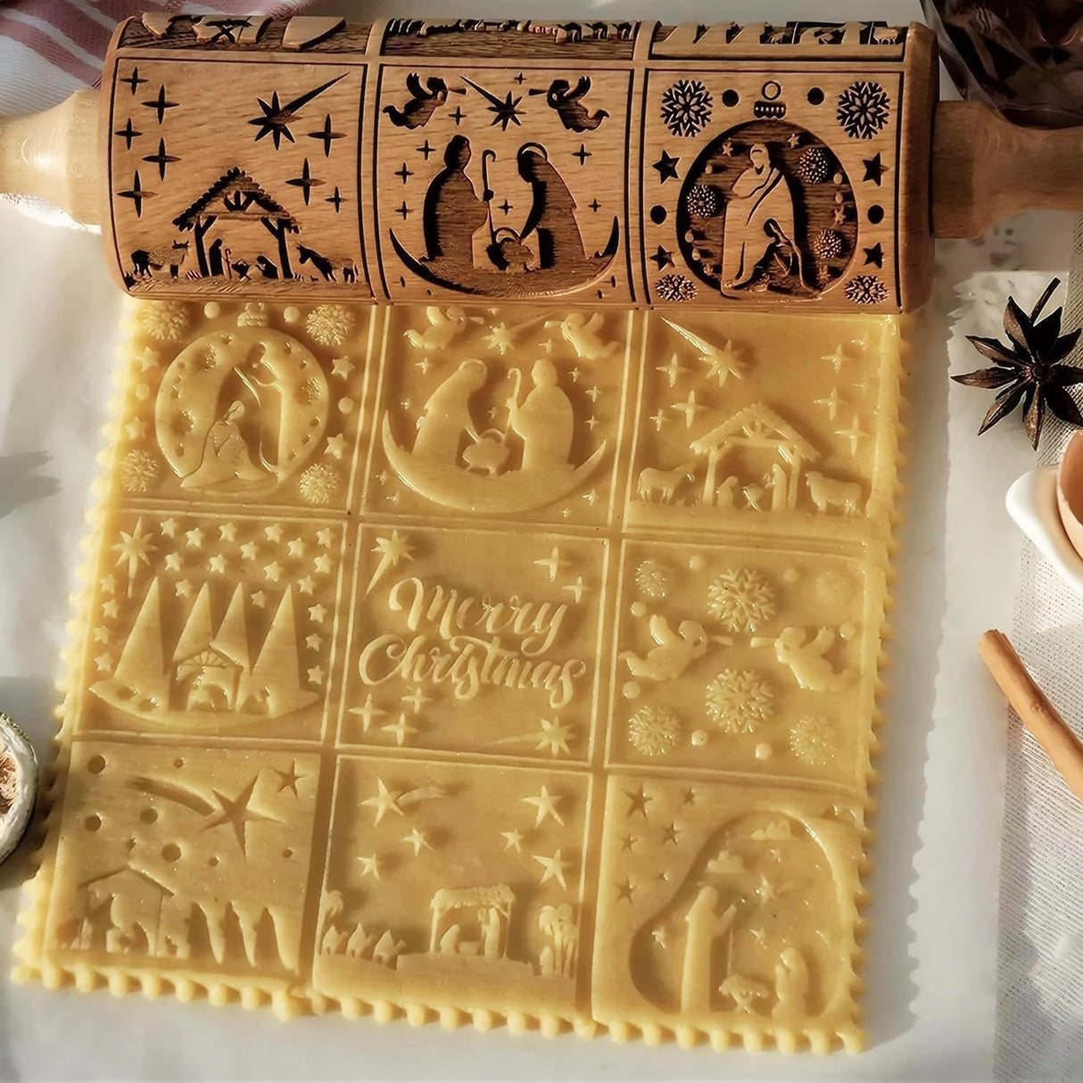 XINBADA Christmas Nativity Embossed Rolling Pin - Perfect Christmas Baking Supplies for Cookie Decorating,Wooden Rolling Pin for Cookies & Pastries,Christmas Theme Cookie Mold XINBADA