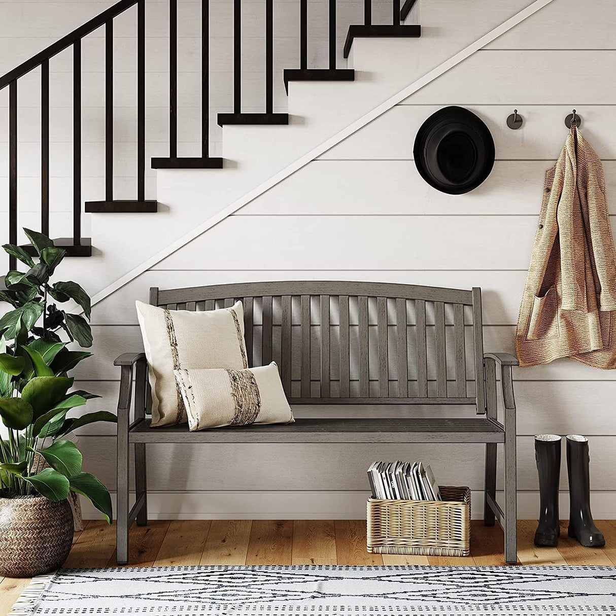 Grand patio 52" Farmhouse Outdoor Bench, Garden Benches with Rust Free Metal Powder Coated Frame and Aluminum Backrest, Faux Wood Grain Finish Frame Patio Bench for Front Porch, Weathered Grey Grand patio