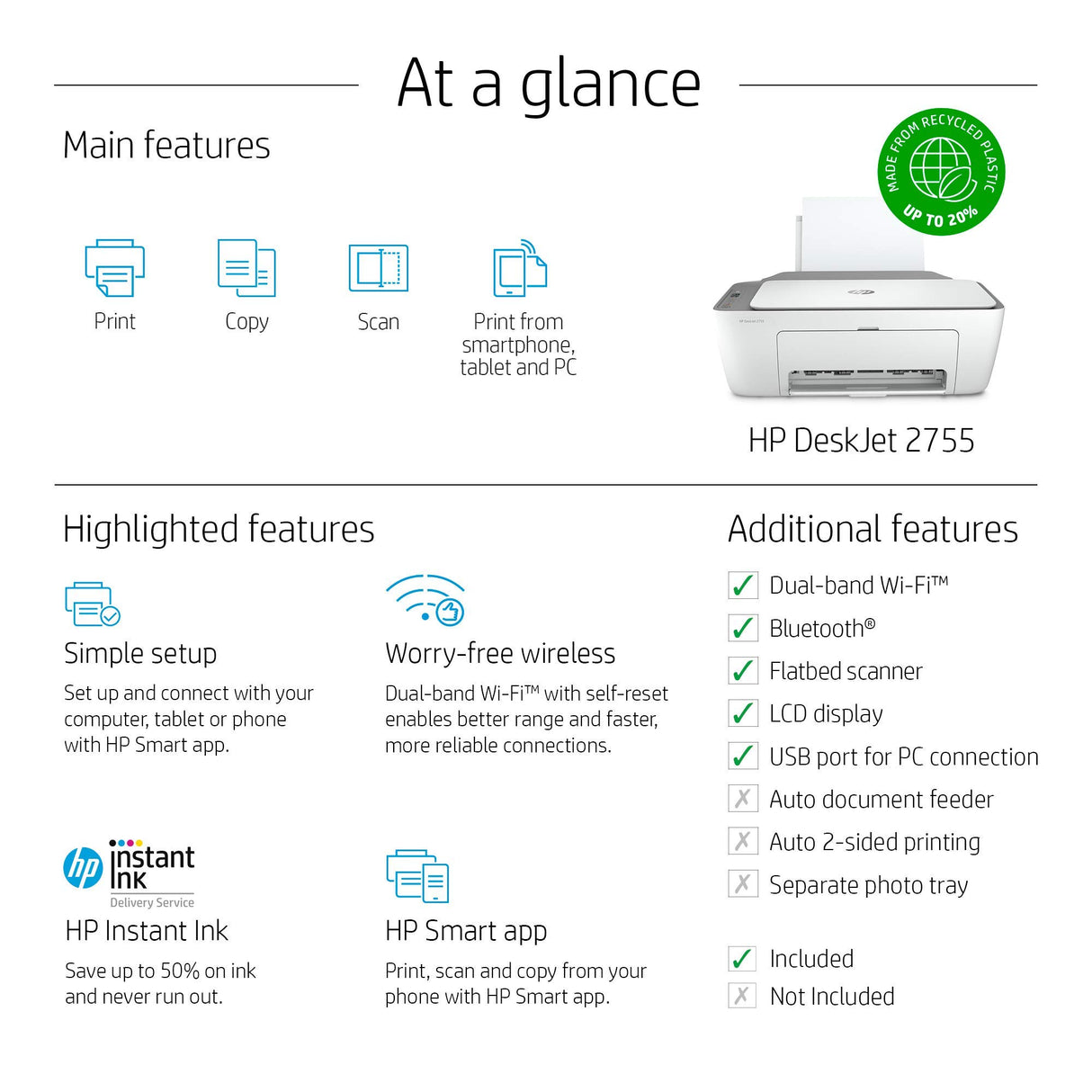 HP DeskJet 2755 All-in-One Wireless Printer Scanner Copier Instant Ink Ready Mobile Print Black 7.5ppm Color 5.5ppm Wifi Inkjet Computer Printers for Home Use and Office, 3XV17A (Renewed) HP
