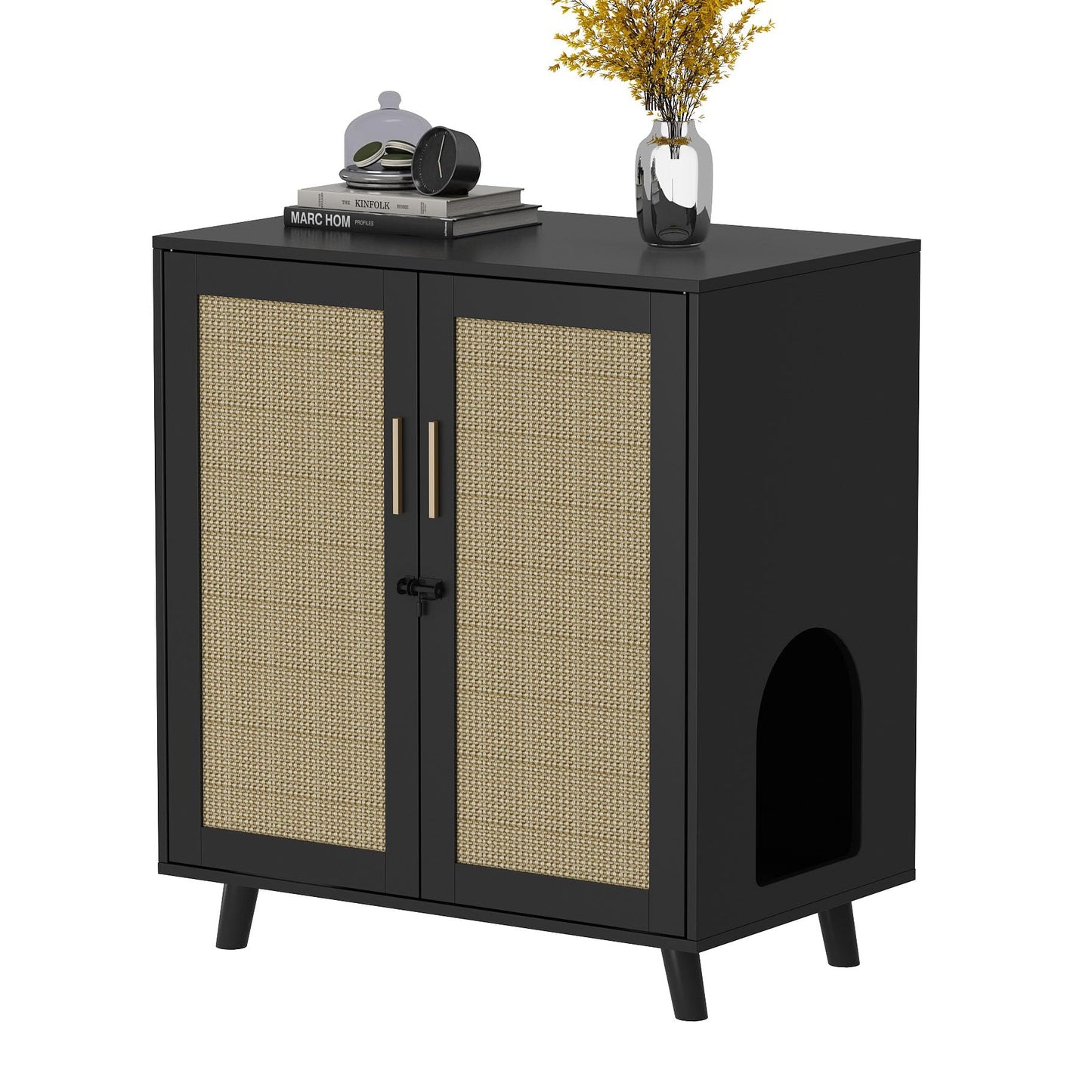 Lovinouse Large Cat Litter Box Enclosure,Hidden Kitty Litter Furniture with Sisal Covered Doors,2-Layer Wooden Cat Washroom Cabinet w/Adjustable Shelf, Side Table for Living Room,Black