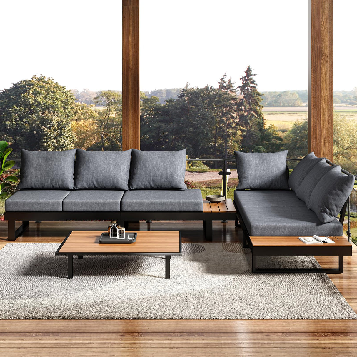 LUXOAK 6-Piece Patio Furniture Sets, Outdoor Aluminum Furniture Sofa, with Wood Side Table & Washable Cushions LUXOAK