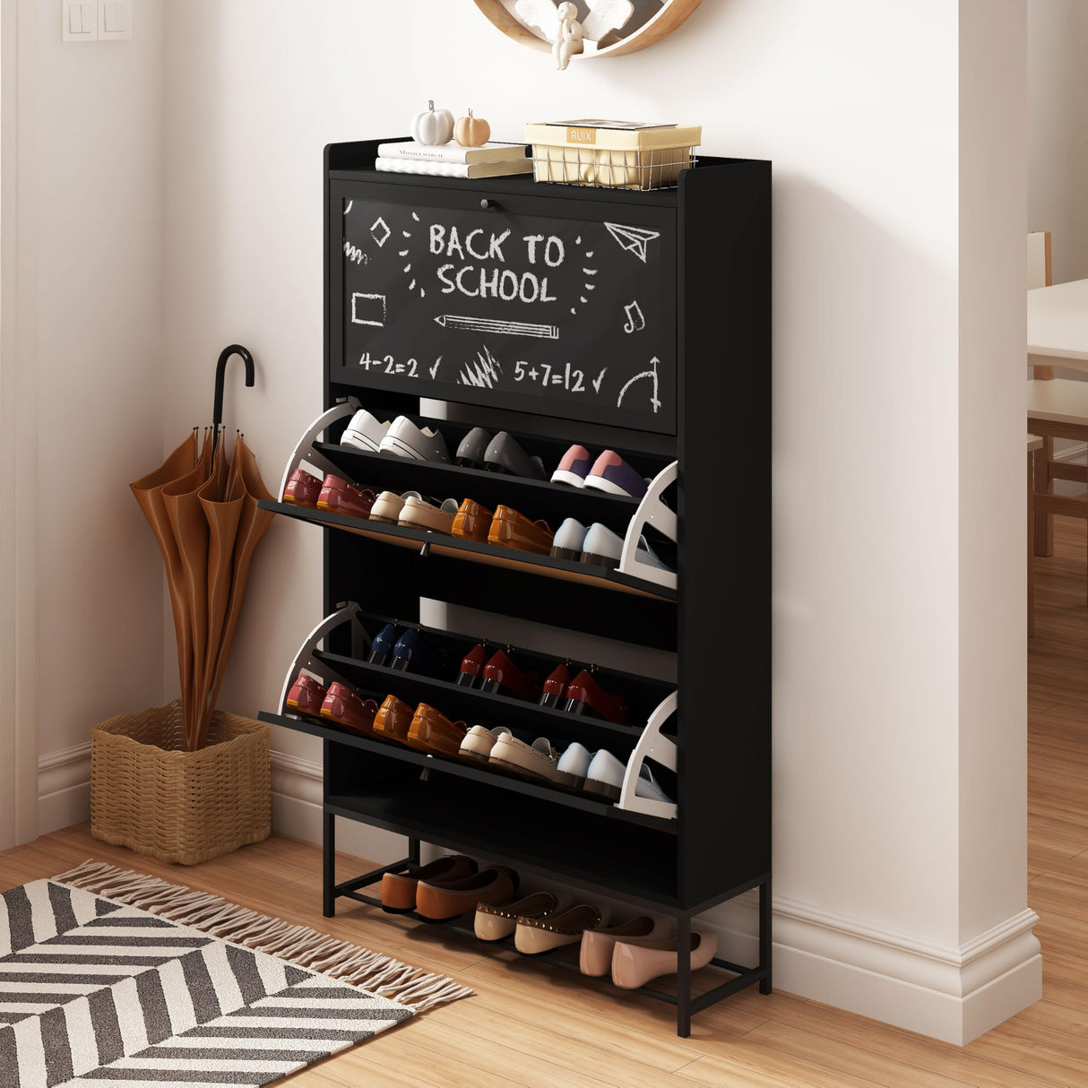 AVZEAR Shoes Cabinet, Narrow Shoes Storage Cabinet with 3 Flip Drawers, Free Standing Shoe Racks Organizer Farmhouse Tipping Bucket with Blackboard, Shoes Cabinet Storage Entryway Hallway, Black AVZEAR