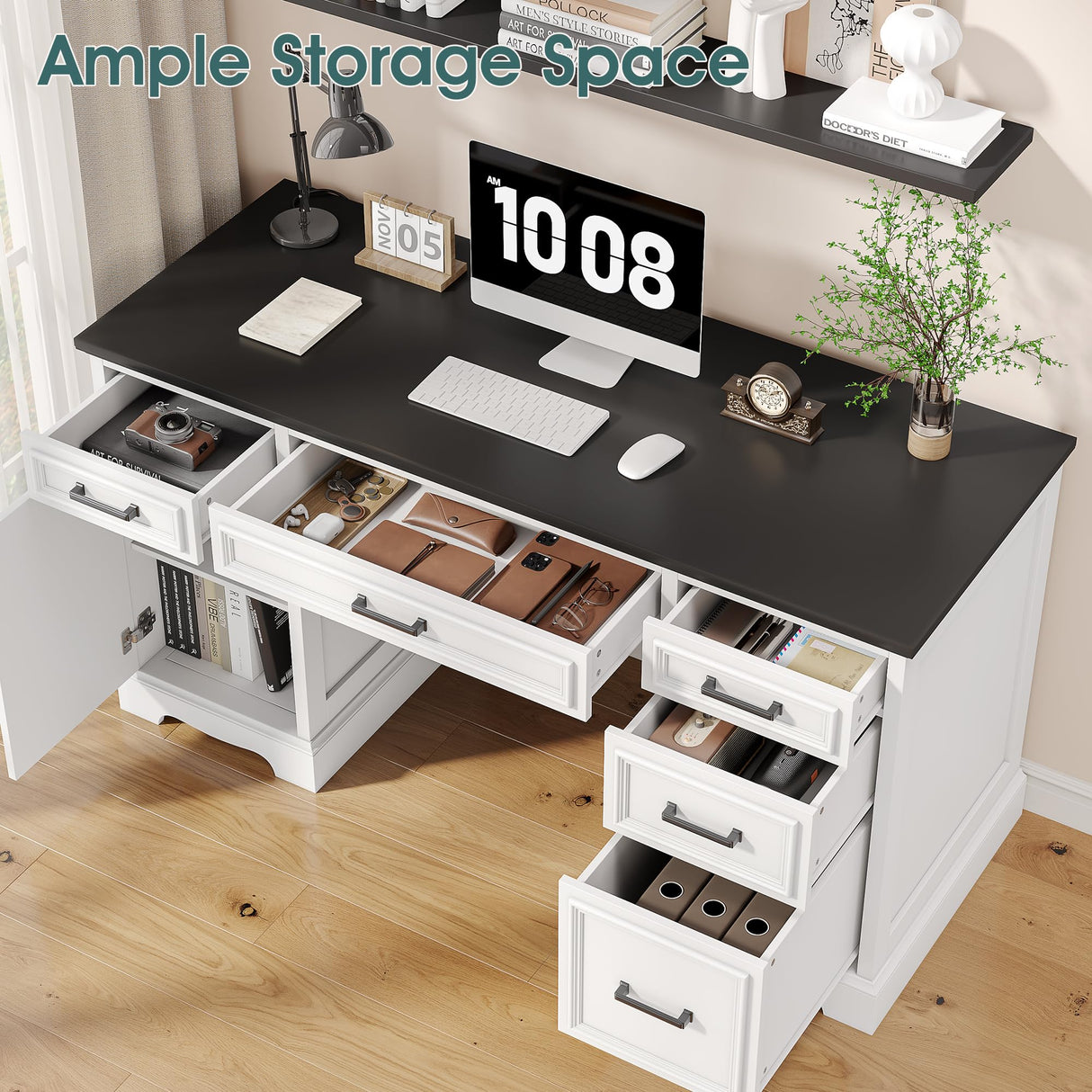 Fynar White Farmhouse Executive Desk with Drawers and Charging Station, 55.1" Wood Home Office Desk with Storage Cabinet,Morden Solid Computer Writing Desk for Study Work Table for Home Office (White) Fynar