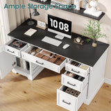 Fynar White Farmhouse Executive Desk with Drawers and Charging Station, 55.1" Wood Home Office Desk with Storage Cabinet,Morden Solid Computer Writing Desk for Study Work Table for Home Office (White) Fynar