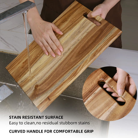YSTKC Acacia Wood Cutting Board with Hand Grip 15" x 9.7" Inch, Wooden Reversible Chopping Board with Handle for Kitchen Meal Prep Serving, Chopping, YSTKC
