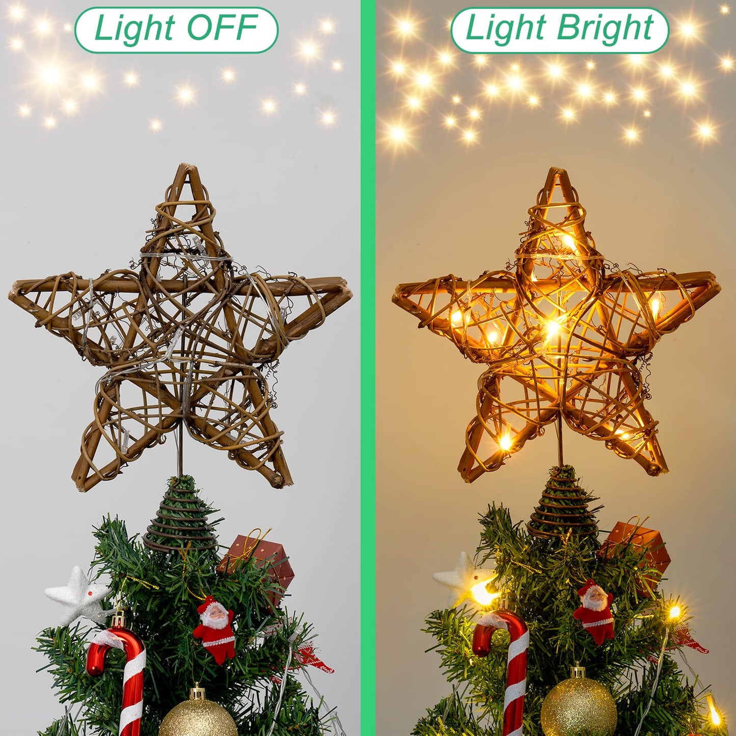 Christmas Tree Topper Star, Indoor Rattan Natural Star Treetop with 10 LED Light, Xmas Star Tree Topper Lighted for Christmas Tree Decorations