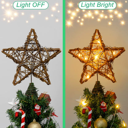 Christmas Tree Topper Star, Indoor Rattan Natural Star Treetop with 10 LED Light, Xmas Star Tree Topper Lighted for Christmas Tree Decorations