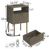 JOONEE Modern Nightstand with Charging Station and LED Lights, White Bedside Table with Drawer, Fluted Side Table for Living Room, Bedroom JOONEE