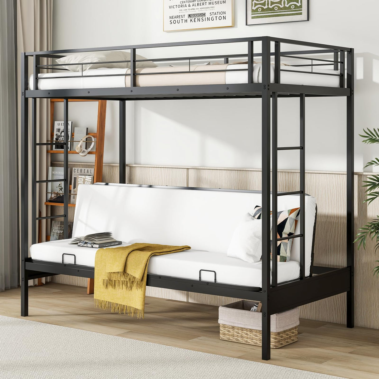 KOMFOTT Metal Twin Over Futon Bunk Bed, Heavy-Duty Loft Bed with Convertible Futon Underneath, Metal Slats Support, Dual Ladders & Full Length Guardrail, No Box Spring Needed (Black) KOMFOTT