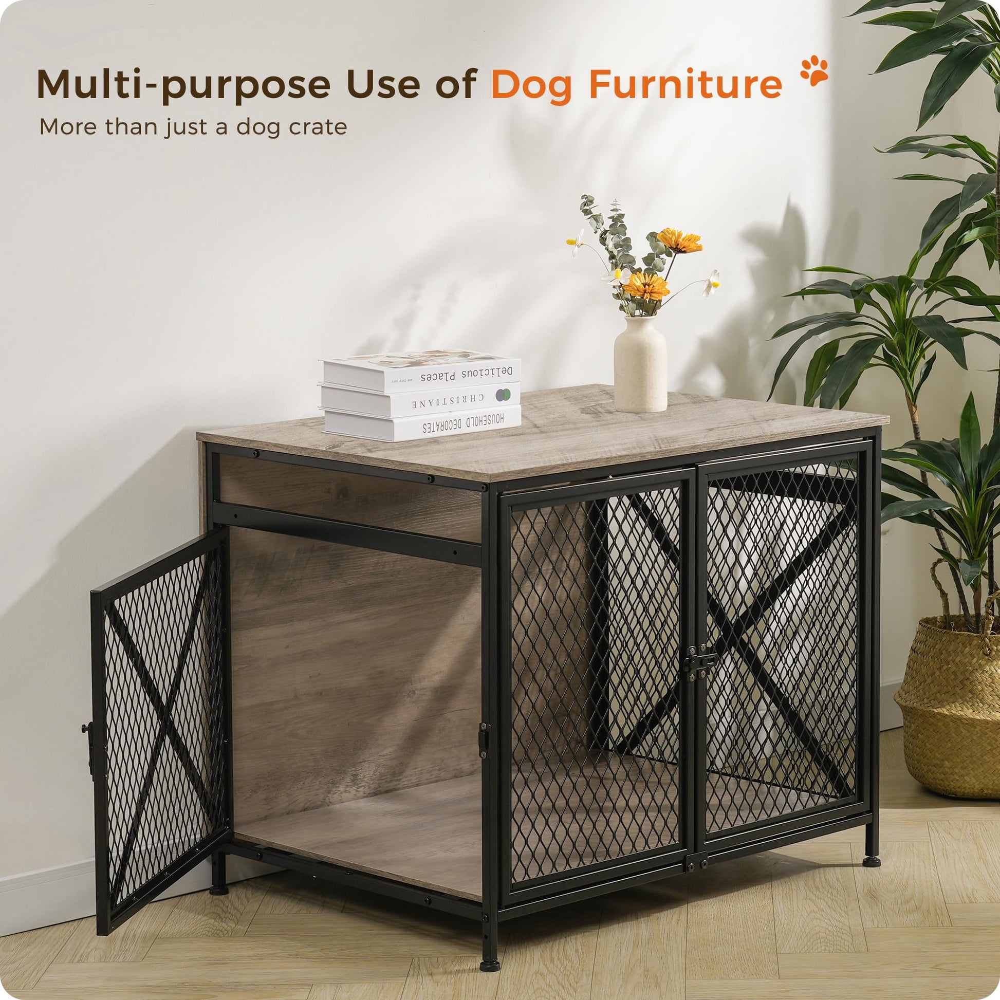 DWANTON Dog Crate Furniture, 31.5" L Three-Door Wooden Dog Kennel Indoor, Connectable expansion, Wooden Dog Crate Table for Small/Medium/Large Dog, Dog House, Dog Cage Large, Greige - WoodArtSupply