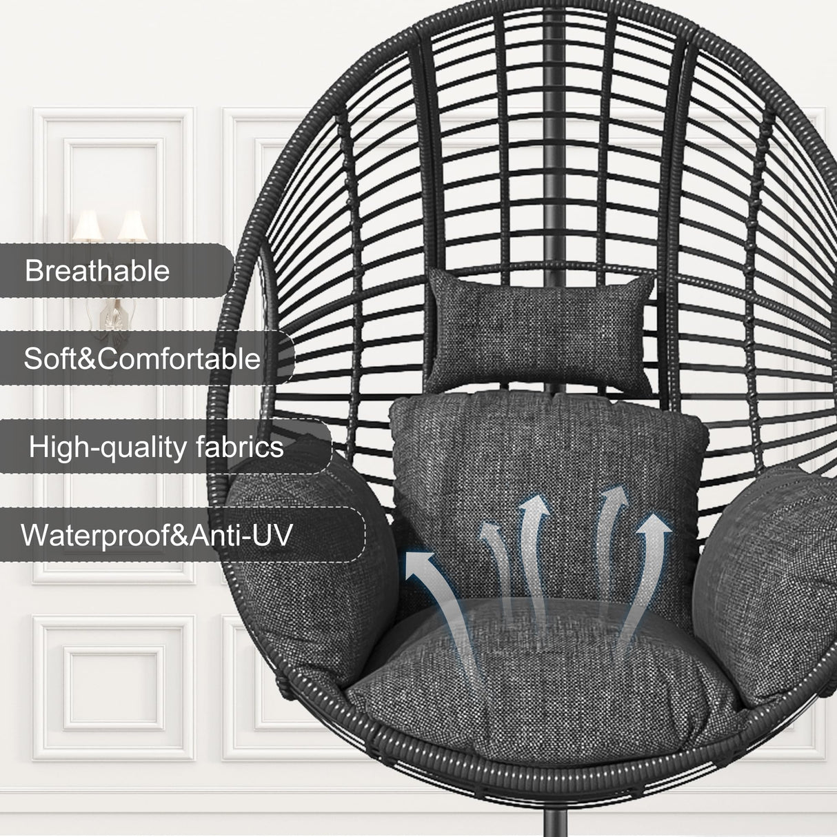 LUTINLIX Oversized Hanging Egg Chair Outdoor Indoor, Wicker Swing Egg Chair with Stand 400lbs Capacity for Bedroom, Patio, Garden and Balcony (Black-Regular, Oversize) LUTINLIX