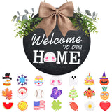 Interchangeable Welcome Home Sign, Seasonal Front Porch Door Decor With 21 Changeable Seasonal Icons for Halloween/Christmas/Independence Day, Rustic Wood Wreaths for Housewarming Gift (12") (Black) KIDNEAR
