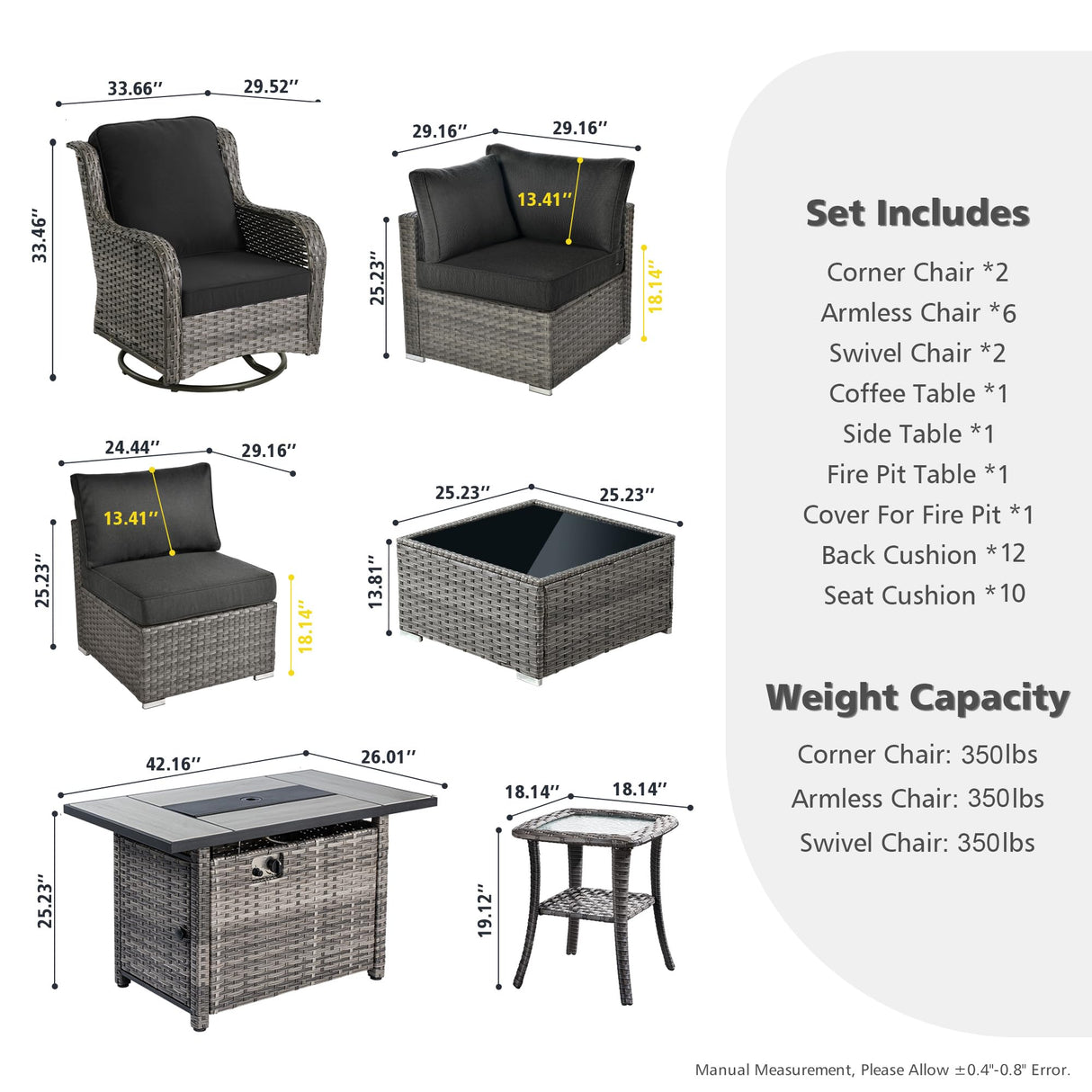 HOOOWOOO Patio Outdoor Sectional Furniture Sofa Set with Fire Pit Table,13 Piece L Shaped Wicker Couch Set with Swivel Chairs,Modern 10 Persons Summer Patio Conversation Set(Black) HOOOWOOO