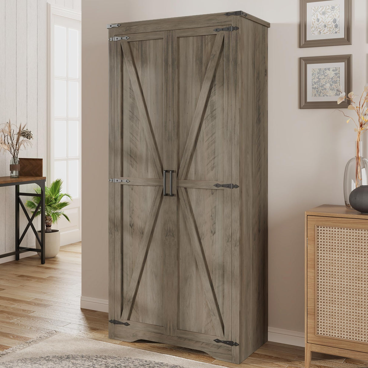 Befrases Farmhouse Rustic Grey Storage Cabinet with Adjustable Shelves, Large Pantry Organize with 2 Barn Doors, Tall Freestanding Cabinet for Kitchen, Bathroom/Garage/Basement/Living/Utility Room Befrases