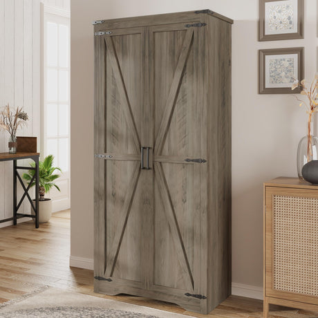 Befrases Farmhouse Rustic Grey Storage Cabinet with Adjustable Shelves, Large Pantry Organize with 2 Barn Doors, Tall Freestanding Cabinet for Kitchen, Bathroom/Garage/Basement/Living/Utility Room Befrases