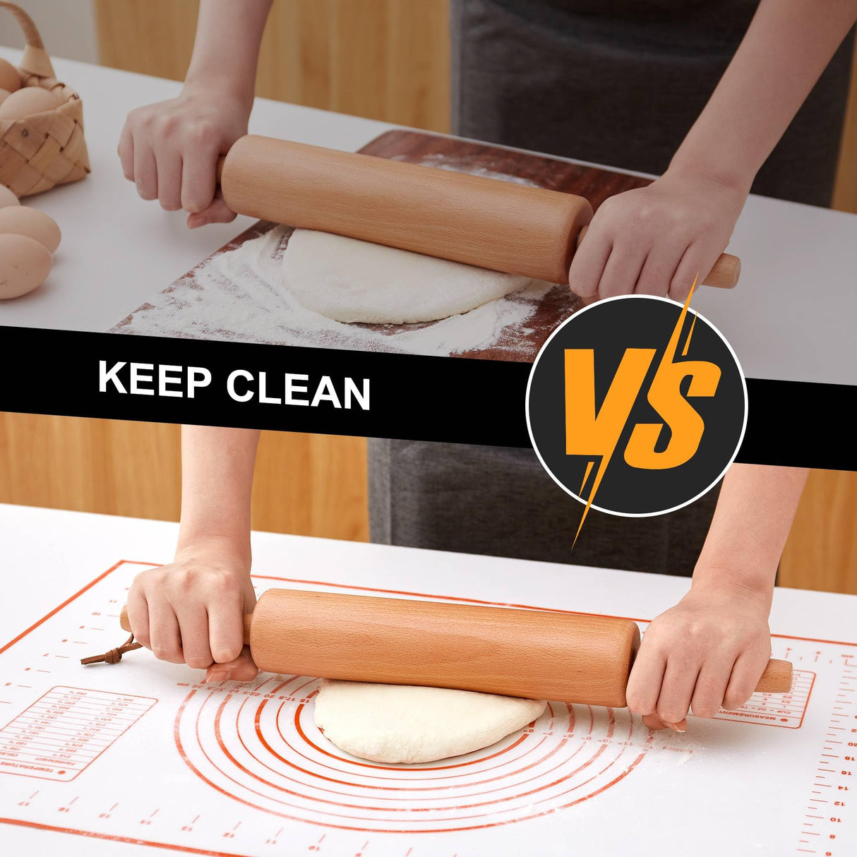 ESDOPA Classic Wood Rolling Pin - Wooden Rolling Pins for Baking Silicone Mat Set, Dough Roller with Wood Base, Fondant Roller for Pie Crust Cookies Pizza Dough and Bread, 17 Inch ESDOPA