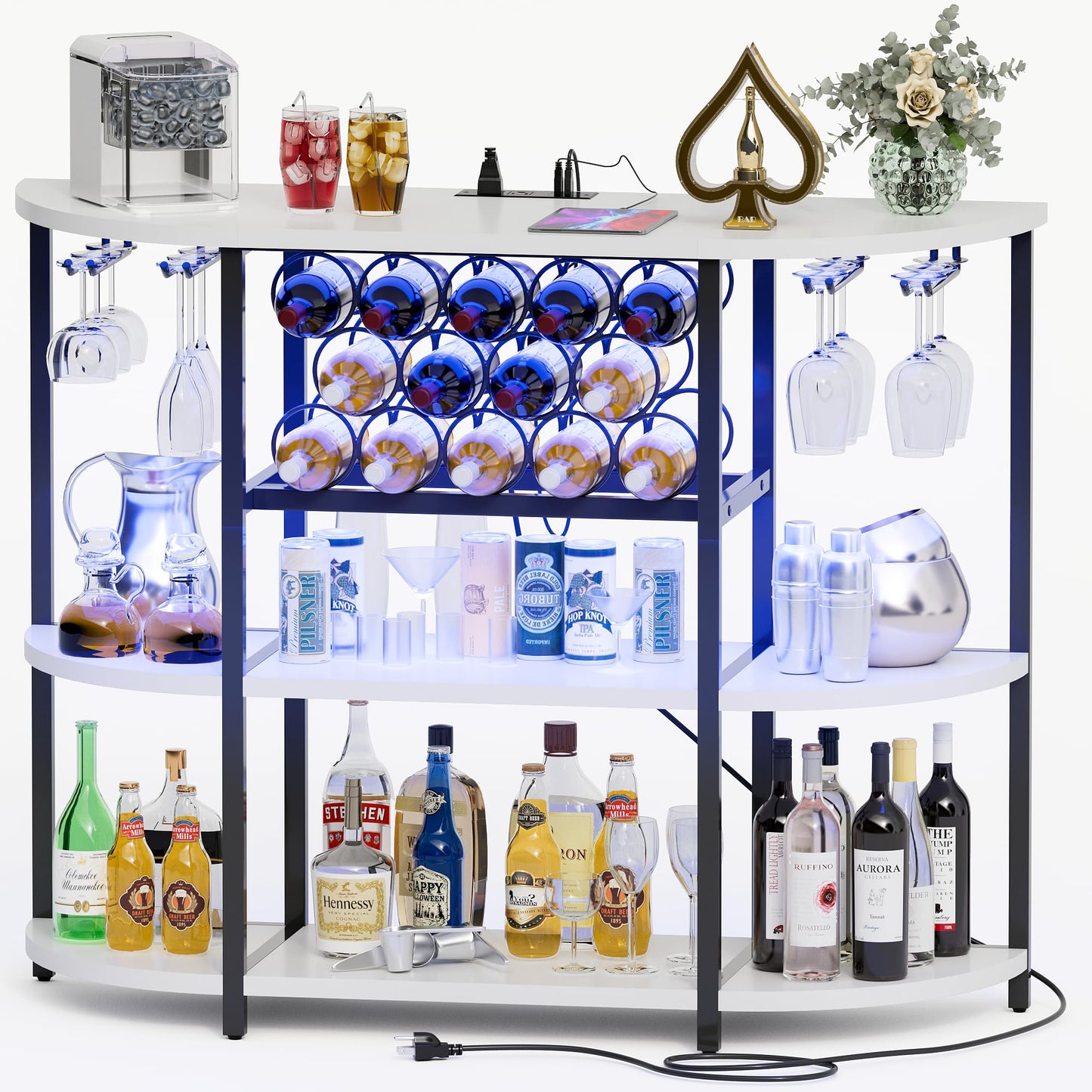 Furmax Wine Bar Cabinet for Liquor Bar Table Bar Cabinet with Lights and Outlet 4-Tier Storage Freestanding Wine Racks with Glass Holder Mini Bars for Home, Bar