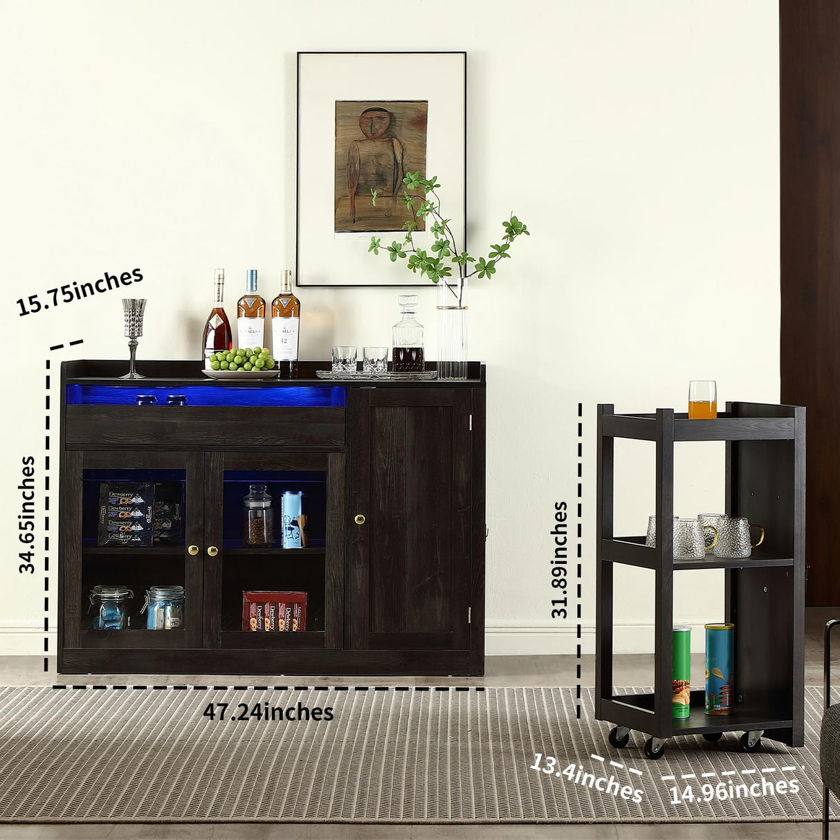 FOREST GRAVITY Smart Buffet Cabinet ，Sidecart brining Things Anywhere You Want,Coffee bar Cabinet, Liquor Cabinet,Sideboard Cabinet,Dancing LED Lighting, with 3 Doors,for Kitchen,Living Room,Black FOREST GRAVITY