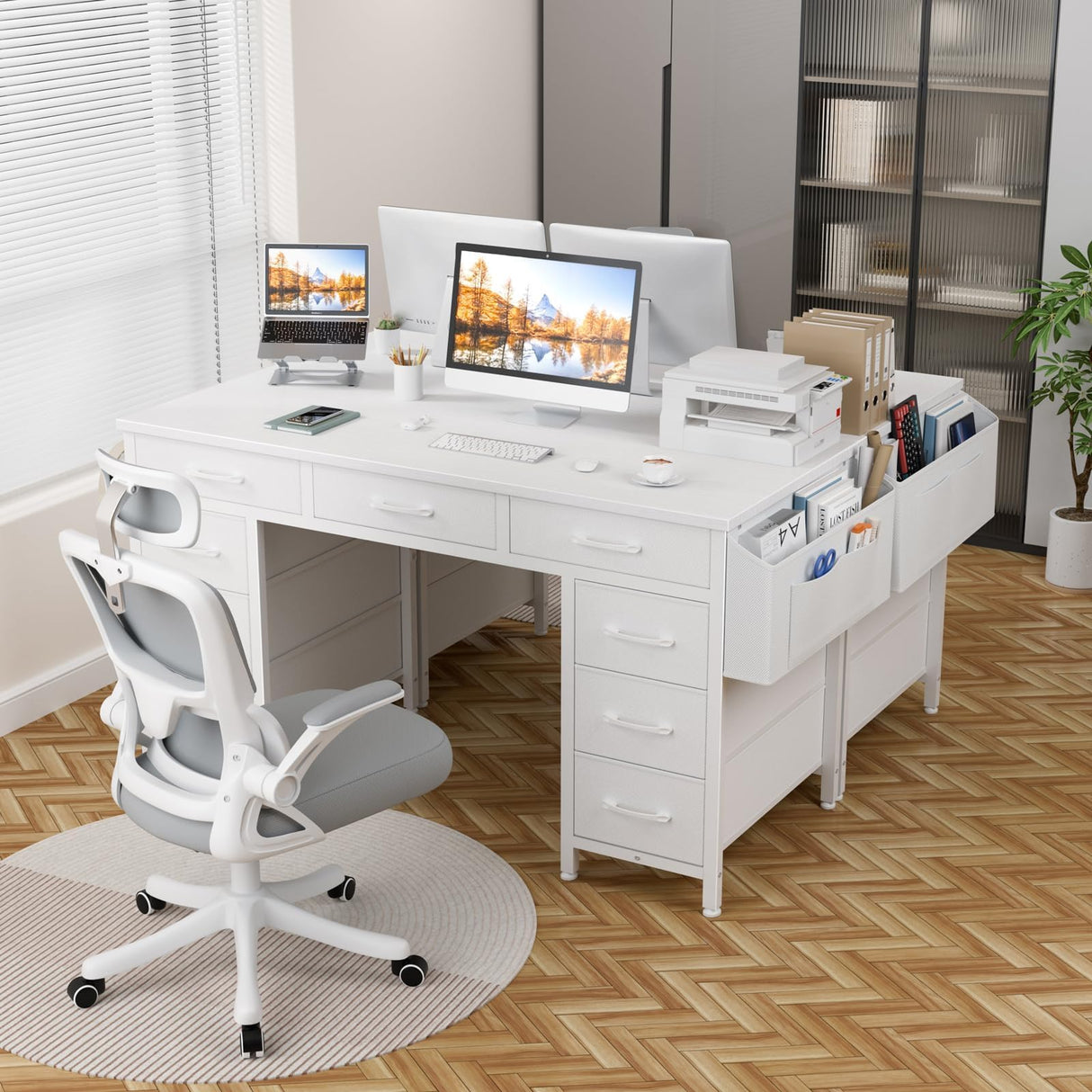 Lufeiya 47 Inch Computer Desk with 9 Drawers, Office Desk Work Desk for Home Office, Study, Writing, Vanity Desk with Fabric Drawers on Both Sides, Large Storage, White Lufeiya
