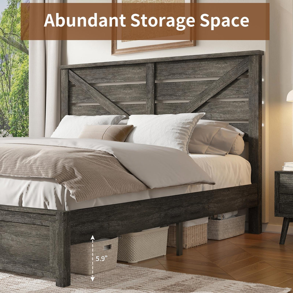 LUXOAK King Size Farmhouse Wooden Bed Frame, Platform Bed Frame with 49.2" Headboard/No Box Spring Needed/Noisy Free/Easy Assembly/Grey LUXOAK