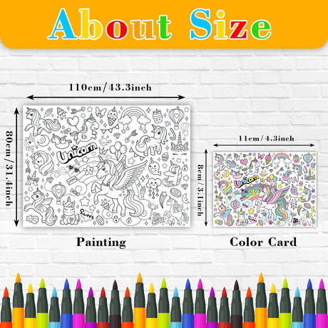 43.3x31.5" Unicorn Rainbow Coloring Poster with Picture, Giant Cute Painting Poster, Large Coloring Tablecloth for Classroom Home Birthday Party Supplies Favor Nicime