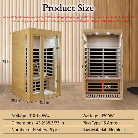 LTCCDSS Sauna, Far Infrared Saunas for Home, Wood Sauna 2 Person 1500W/120V Low Emf Indoor Sauna Room with Tempered Glass Door/Bluetooth Speakers/2 LED Lights - 43.2 * 38.3 * 73 inch LTCCDSS
