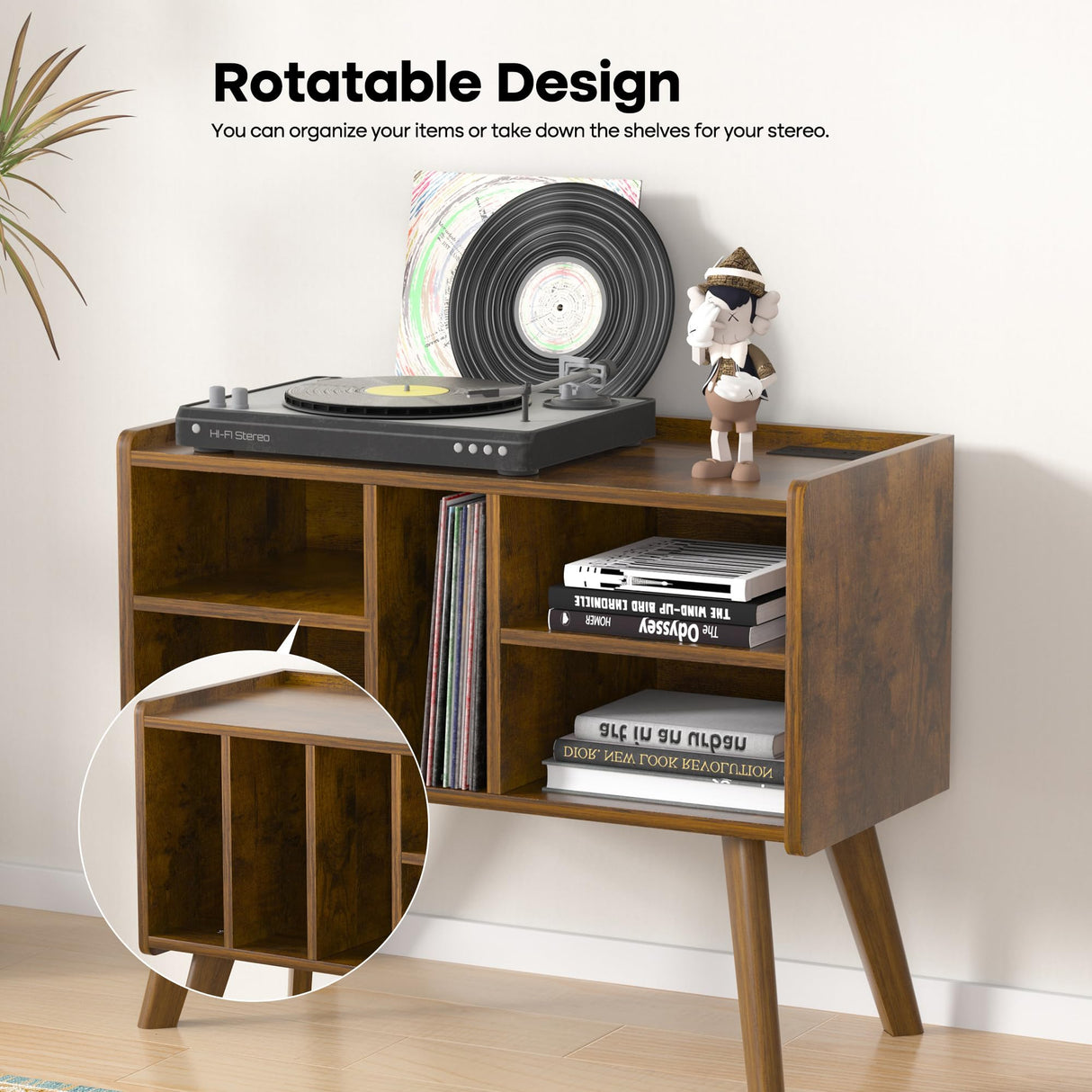 Forevich Record Player Stand Table with Vinyl Storage Holder Large Turntable Record Stand with Power Outlet Holds Up to 220 Albums Display Shelf Cabinet with Wood Legs for Living Room Rustic Brown Forevich