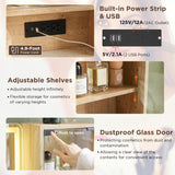 T4TREAM 48" Fluted Makeup Vanity Desk with Large 36" Mirror and Lights, Modern Glass Top Big Vanity Table with 5 Drawers & Adjustable Shelves, Dressing Table Set w/Charging Station for Bedroom, Oak T4TREAM