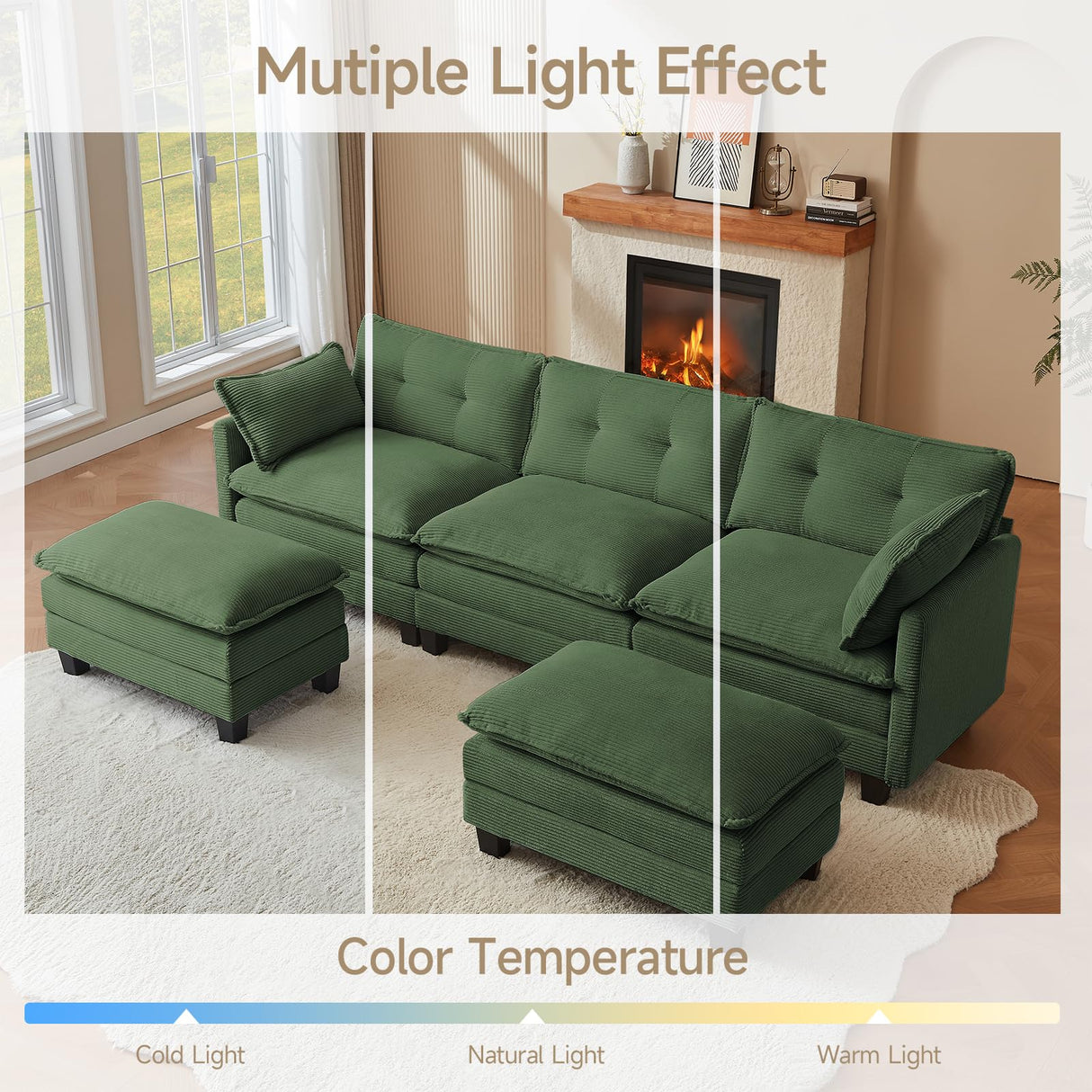 Amsleekey Modular Sectional Sofa, 111.5" U-Shaped Corduroy Comfy Sectional Couches for Living Room, 3-Seater Cloud Couches with 2 Movable Ottomans, Flexible Combination Modern Deep Seat Sofa (Green) Amsleekey