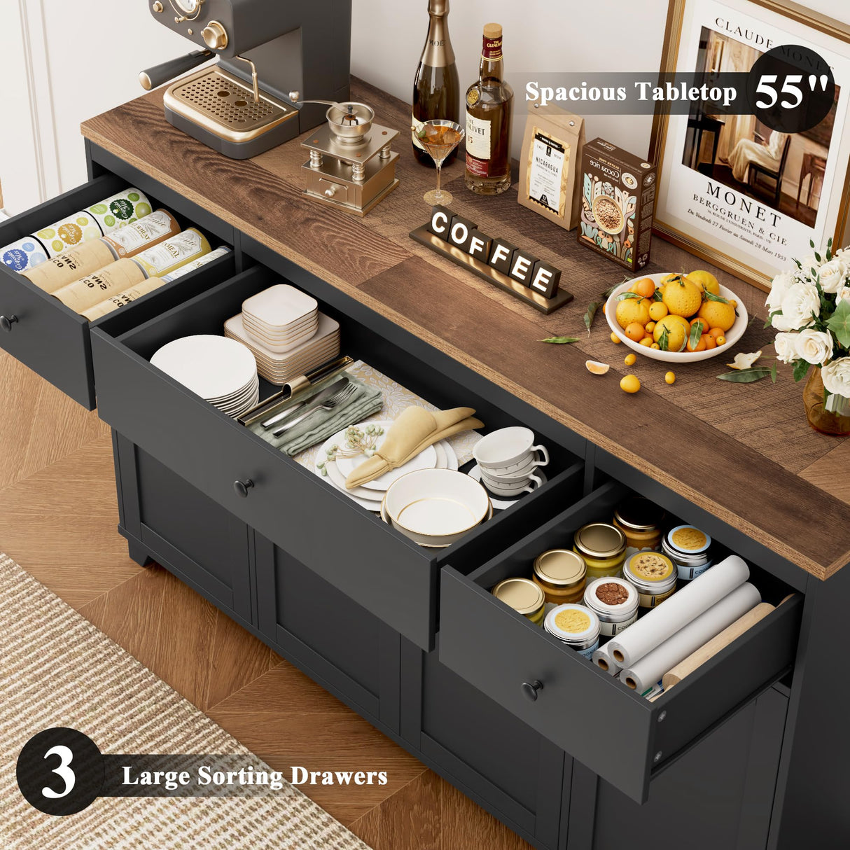 HIFIT 55" Large Kitchen Buffet Cabinet with Storage Drawers, Farmhouse Sideboard Buffet Table Storage Cabinet with Doors and Shelves, Wood Coffee Bar Cabinet for Kitchen Dining Living Room, Black HIFIT