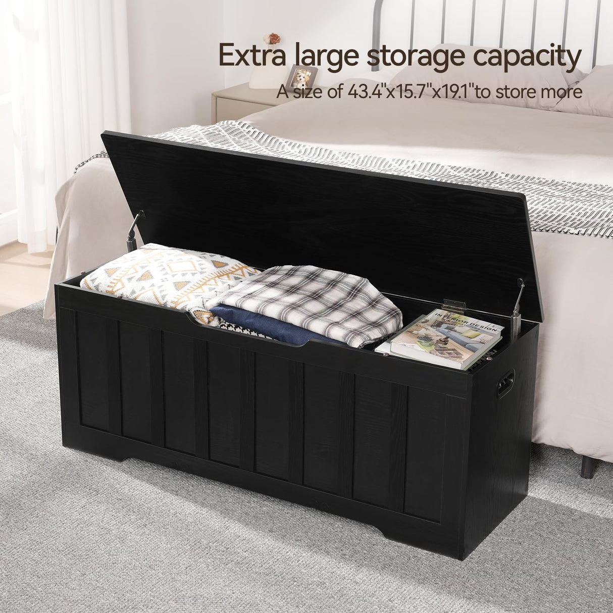 VANKILEY 47.2" Storage Chest Extra Large,Storage Trunk with 2 Safety Hinges,Wooden Storage Bench,Shoe Bench,47.2x15.7x19.1 Inch,Easy Assembly,Storage Bench for Bedroom,Living Room,entryway(Black). VANKILEY