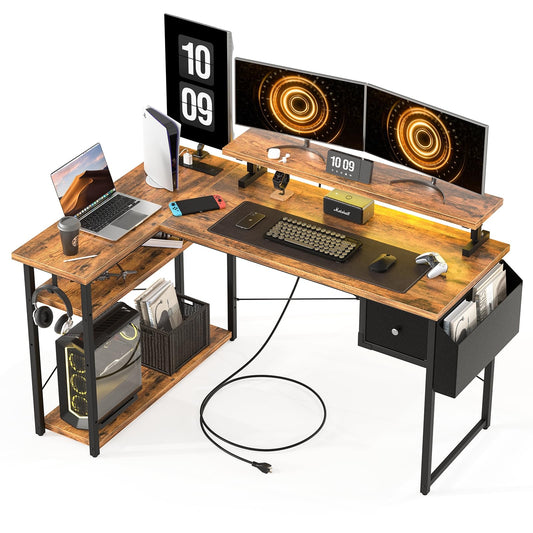 DOMICON 47 inch L Shaped Desk, Computer Desk, Adjustable Stand Office Desk, Power Outlets & Storage Drawer, Reversible Computer Desk with Shelves & Headset Hooks