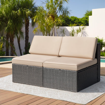 Greesum 2 Piece Patio Conversation Set Wicker Rattan Furniture Outdoor Sofa with Cushions,Pillows and Glass Table for Porch,Lawn and Yard, Beige - WoodArtSupply