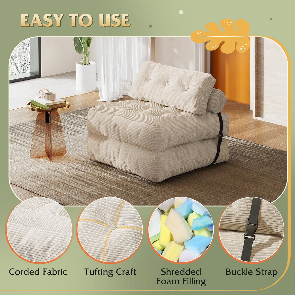 WLIVE Futon Sofa Bed,with Pillow, Floor Couch Bed for Living Room Dorm Bedroom, Single, Adult Teen Child, Beige WLIVE