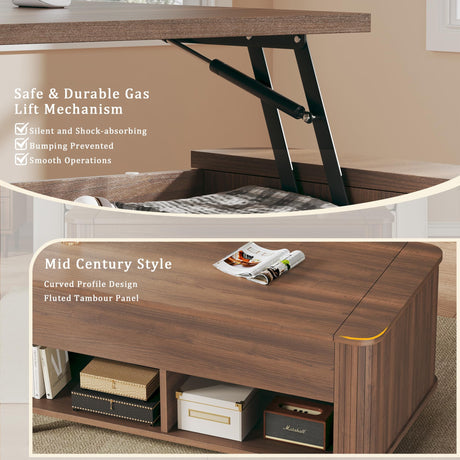 Lift Top Coffee Table with Storage, 41" Mid Century Modern Coffee Table with Fluted & Curved Profile Design, Hidden Storage Compartment, Lower Shelf Center Table for Living Room Office, Walnut HUAHUU