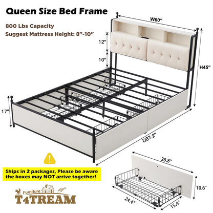 T4TREAM Antique White Queen Bed Frame with Storage and Charging Station - WoodArtSupply