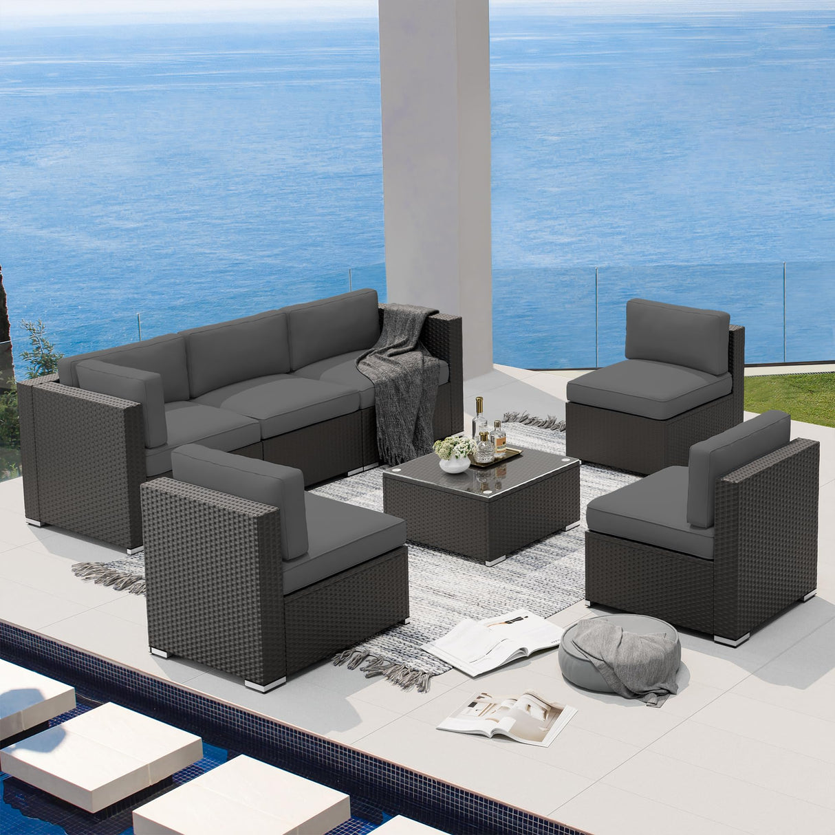 SUNCROWN 7-Piece Outdoor Patio Furniture Sofa Set All-Weather Wicker Sectional Conversation Set with Modern Glass Coffee Table and Cushions, Backyard, Garden, Dark Grey SUNCROWN