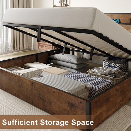 AMERLIFE King Size Lift-Up Storage Bed Frame with Charging Station in Rustic Brown AMERLIFE