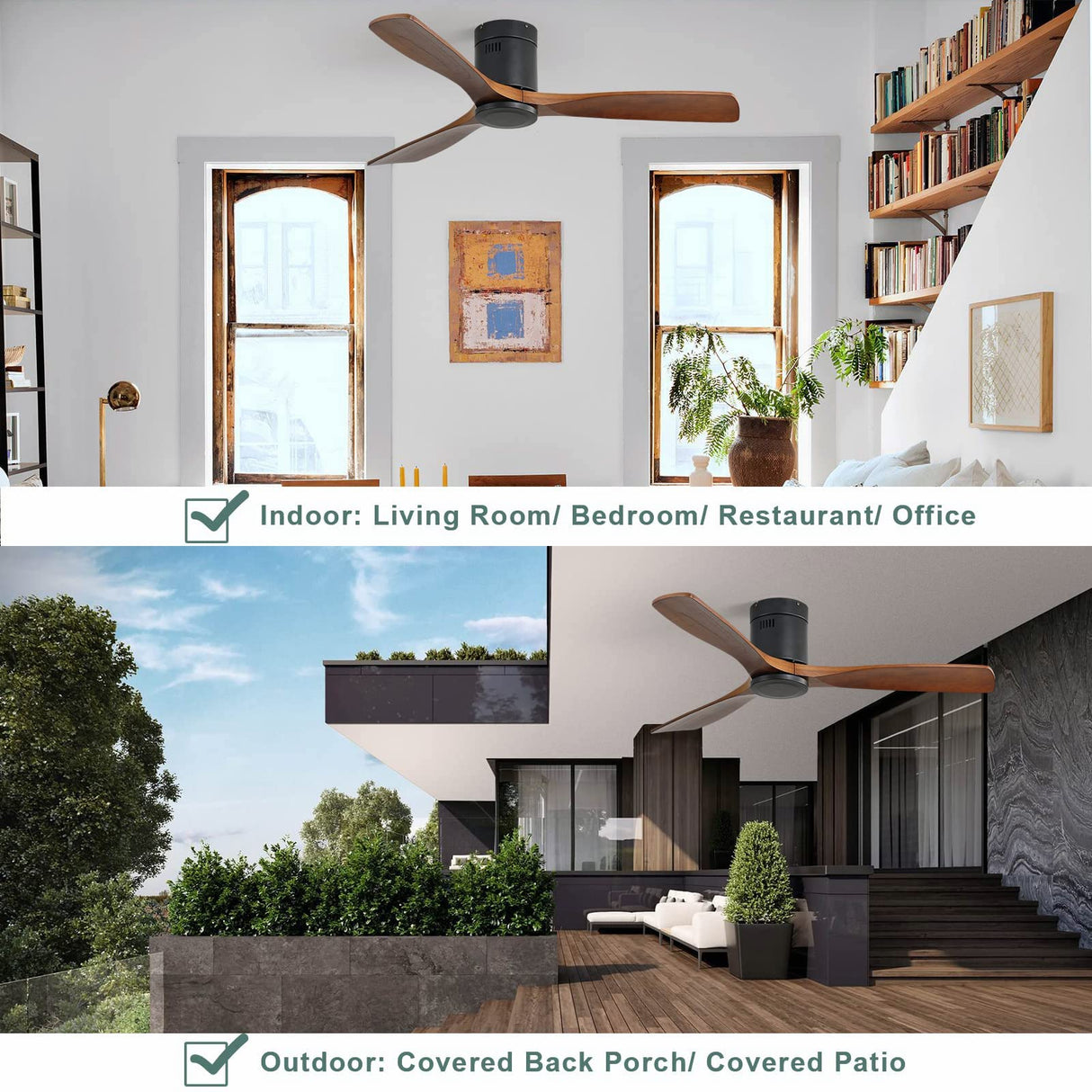 CACI Mall 52 Inch Ceiling Fan with Remote Control, Low Profile Flush Mount Ceiling Fan without Light, 3 Walnut Wood Ceiling Fan No Light, Noiseless Reversible ETL DC Motor with Timer CACI Mall