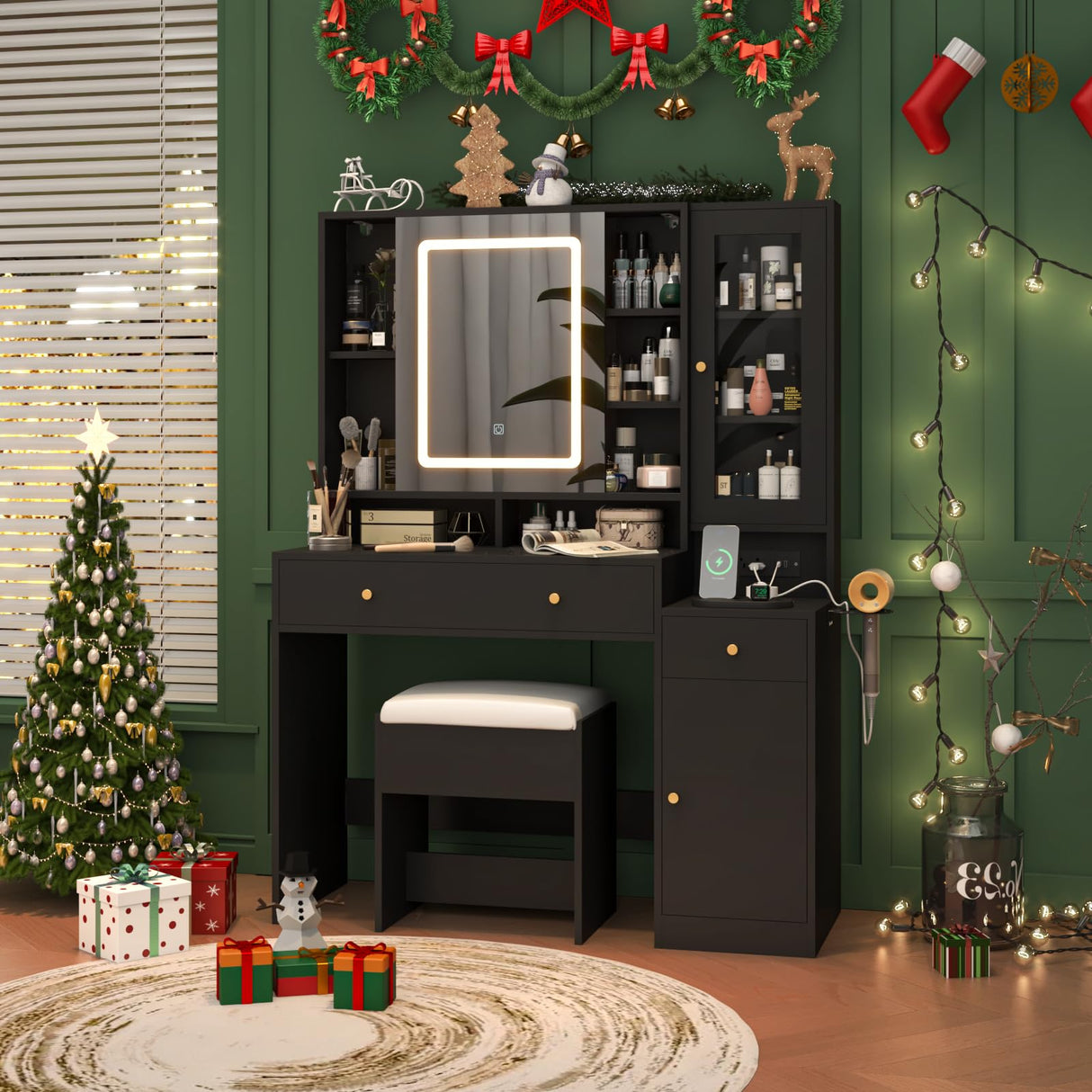 jiteentarou Black Vanity Desk with Sliding Mirror & Lights, Vanity Table Makeup Desk with Charging Station 2 Drawers 2 Doors, Lots Storage Shelves, Large Vanity Set with Cushioned Stool, Black jiteentarou