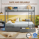 Rolanstar Metal Bunk Bed Twin Over Twin with USB Charging Station, LED Bunk Bed with 2 Storage Drawers, Bed with Safety Guardrail & Ladders, No Box Spring Needed, Easy Assembly, Grey Rolanstar