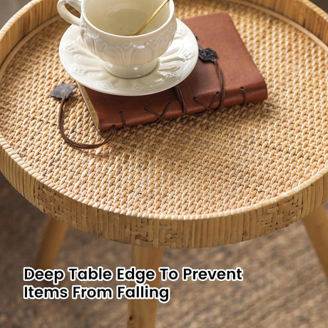 HuiDao Round Side Table, Boho Circle End Table Coffee Table with Solid Wood Leg, Rattan Side Tables Living Room for Small Spaces, Bedroom, Corners HuiDao