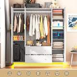 4 Doors Armoire Wardrobe Closet with Mirror, LED Armoire with Doors and Drawers, Wooden Wardrobe Storage Cabinet with Hanging Rod, Adjustable Shelves, White chartustriable