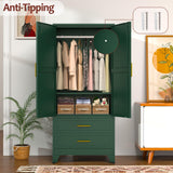Metal Wardrobe Closet with 2 Doors & 2 Drawers, 71" Tall Armoire Wardrobe Closet with Hanging Rods and Adjustable Shelf, Steel Wardrobe Storage Cabinet for Bedroom-Green winiowa