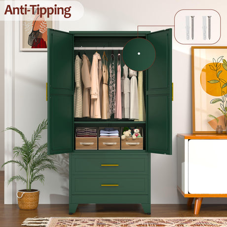 Metal Wardrobe Closet with 2 Doors & 2 Drawers, 71" Tall Armoire Wardrobe Closet with Hanging Rods and Adjustable Shelf, Steel Wardrobe Storage Cabinet for Bedroom-Green winiowa