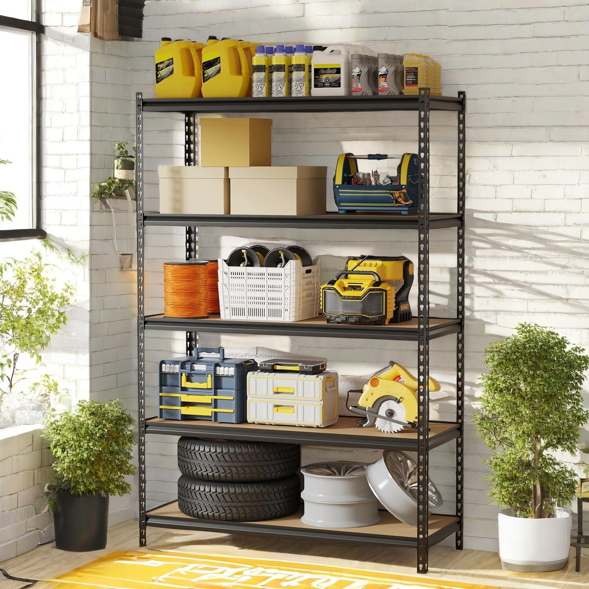 GarveeTech 5 Tier Garage Storage Shelves, Heavy Duty Utility Shelves Metal Shelving Unit, 48"L x 18"W x 73"H Adjustable Storage Shelves Utility Rack for Garage Kitchen Basement Pantry Laundry, Black GarveeTech