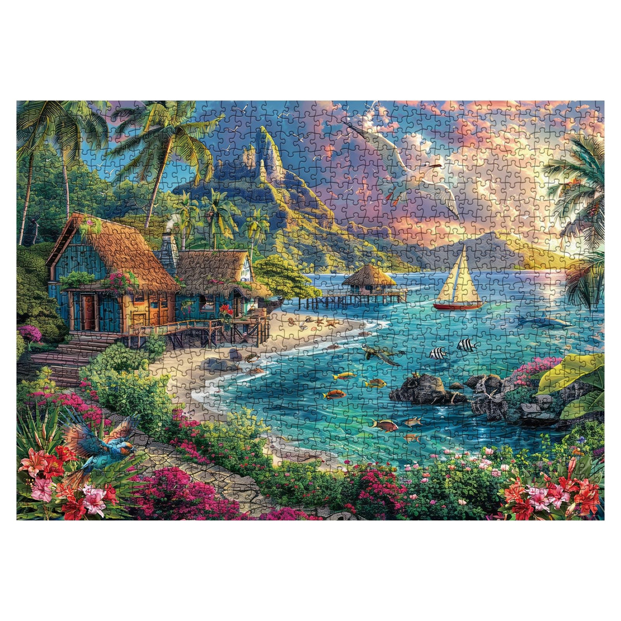 Beach Ocean Puzzles for Adults 1000 Pieces Nature, Summer Hawaii Landscape Scenic Jigsaw Puzzles, Bird Plant Flower Fish Sea Turtle Scenery Puzzle IdeaBazar